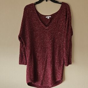 Pink Heathered New York & Company Burgundy V-Neck Sweater Large